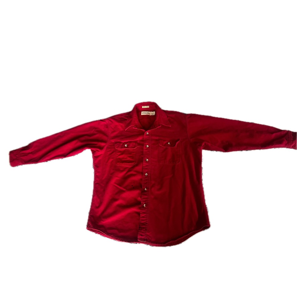 Vintage Mens Sz L Red Chamois Cloth Shirt Heavy Cotton Button Up USA Made Paint